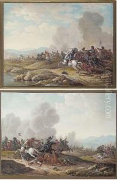 A Cavalry Battle By A River; And A Cavalry Skirmish Oil Painting by Louis Nicolael van Blarenberghe