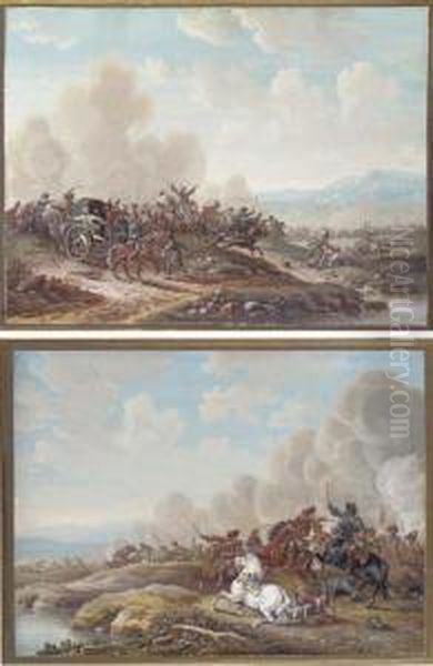 A Cavalry Battle By A River, An Officer Fallen From His Horse; Andan Ambush Oil Painting by Louis Nicolael van Blarenberghe