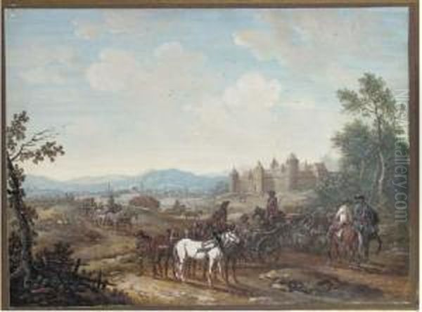 A Column Of Mounted Artillery 
With A Castle In The Background; Andcavalry Crossing A Stream With A 
Tree To The Left Oil Painting by Louis Nicolael van Blarenberghe