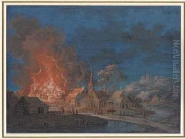 A Village On Fire By Moonlight; And A Village On Fire At Night By Ariver Oil Painting by Louis Nicolael van Blarenberghe