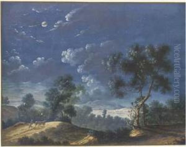 A Moonlit Landscape With A 
Figure Leading Two Cattle, A Lake In Thedistance; And A Moonlit River 
Landscape With A Town In Thedistance Oil Painting by Louis Nicolael van Blarenberghe