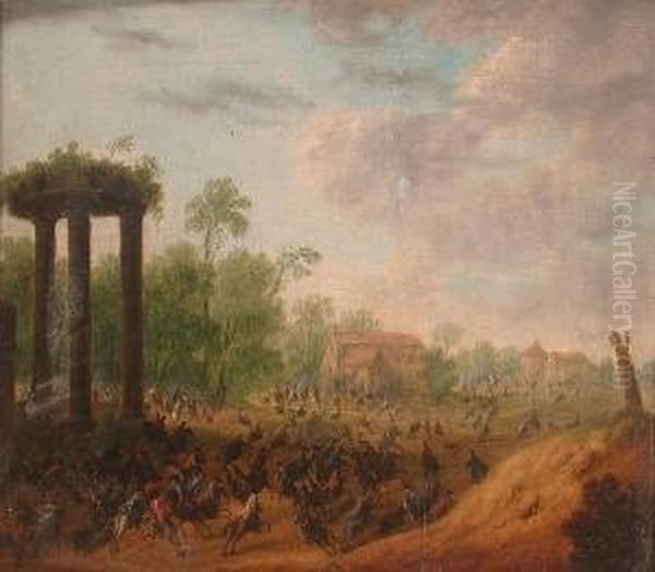 A Cavalry Engagement Beside Roman Ruins; A Companion Oil Painting by Louis Nicolael van Blarenberghe