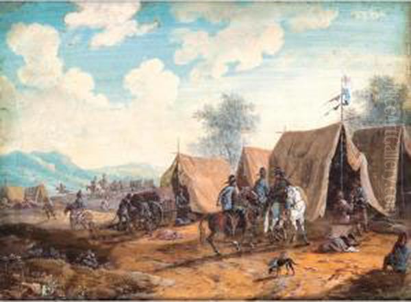 A Pair Of Views Of Military Encampments by Louis Nicolael van Blarenberghe