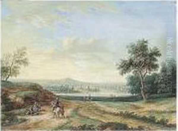 A Panoramic Landscape, With A 
Town On A River In The Middle Distance And Peasants In The Foreground Oil Painting by Louis Nicolael van Blarenberghe