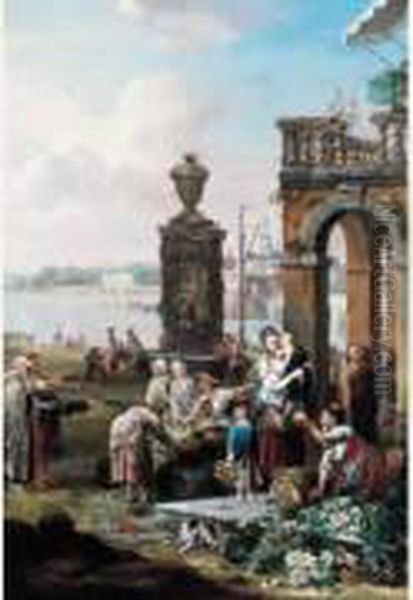 Scene De Marche Au Port Oil Painting by Louis Nicolael van Blarenberghe