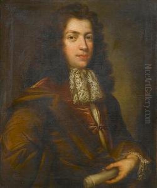 Portrait Of A Gentleman, 
Half-length, In A Claret Coat With A Brown Wrap And A Lace Jabot, 
Holding A Scroll Oil Painting by Richard Van Bleek