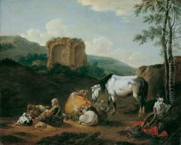 Bloemen, Norbert Van (1670 
Antwerpen - 1746 Amsterdam), Zugeschrieben Sudliche Landschaft Mit 
Rastenden Hirten Vor Ruine. Ol Auf Leinwand. H 68; B 83 Cm. Oil Painting by Norbert van Bloemen