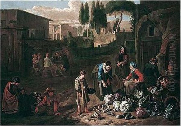 A Roman Street Scene With A Vegetable Seller Oil Painting by Norbert van Bloemen