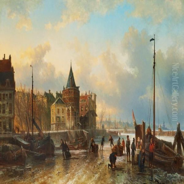 People In A Dutch Harbour Oil Painting by Elias Pieter van Bommel