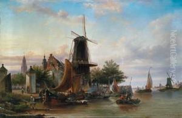 Stadtwal Undwindmuhle In Haarlem Oil Painting by Elias Pieter van Bommel