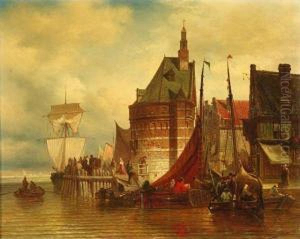 Reges Treiben An Der Bootsanlegestelle Eines Hollandischen Stadtchens Oil Painting by Elias Pieter van Bommel