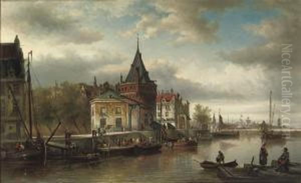 The Prins Hendrikkade By The Schreierstoren, Amsterdam Oil Painting by Elias Pieter van Bommel