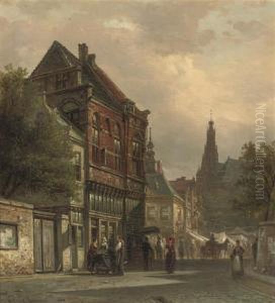 In A Sunlit Street, Hoorn Oil Painting by Elias Pieter van Bommel