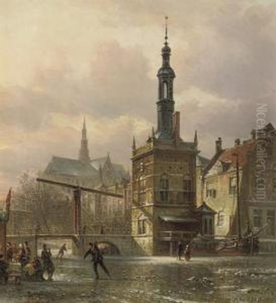 Skaters In Front Of The Accijnstoren With The St. Laurentius Church Beyond, Alkmaar Oil Painting by Elias Pieter van Bommel