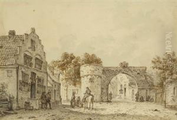 Stadttor In Rhenen. Oil Painting by Elias Pieter van Bommel