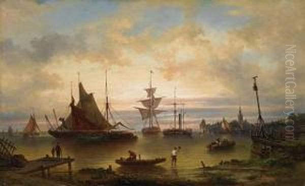 Small Harbour In Belgium Oil Painting by Elias Pieter van Bommel