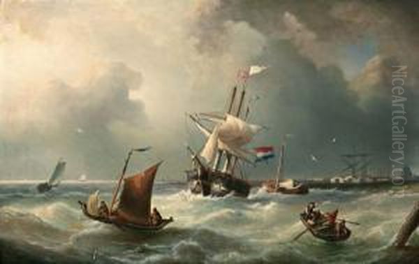 Schepen Op Woelig Water Voor De Kust Oil Painting by Elias Pieter van Bommel