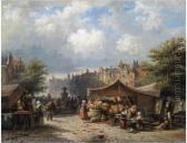 A Busy Market Day On The Kloveniersburgwal, Amsterdam Oil Painting by Elias Pieter van Bommel