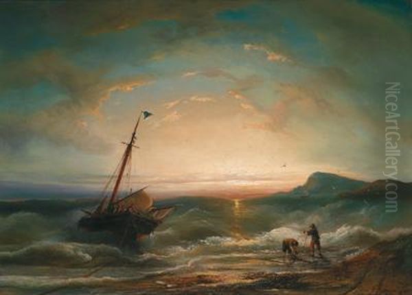 Nave Con Mare Agitato Vicino Alla Spiaggia Oil Painting by Elias Pieter van Bommel