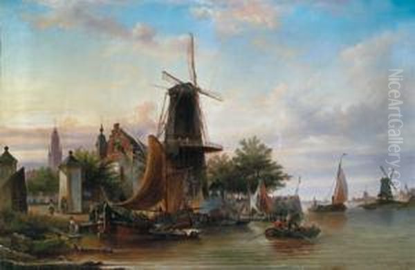 Stadtwal Und Windmuhle In Haarlem Oil Painting by Elias Pieter van Bommel