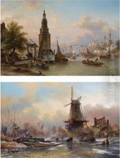 A View Of The Oude Schans With 
The Montelbaanstoren, Amsterdam; Awindmill In A Winter Landscape At Dawn Oil Painting by Elias Pieter van Bommel