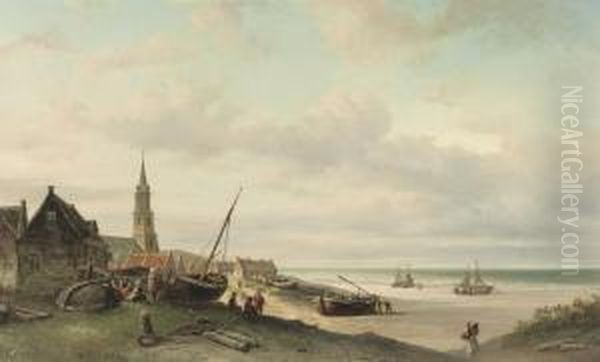 Daily Life In Scheveningen Oil Painting by Elias Pieter van Bommel