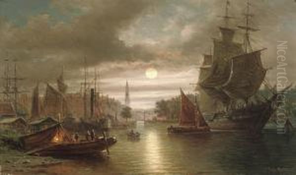 Amsterdam By Moonlight Oil Painting by Elias Pieter van Bommel