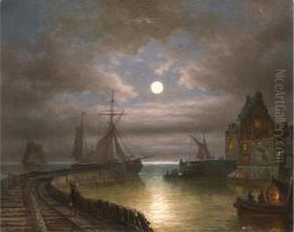 Hafen Im Mondschein Oil Painting by Elias Pieter van Bommel