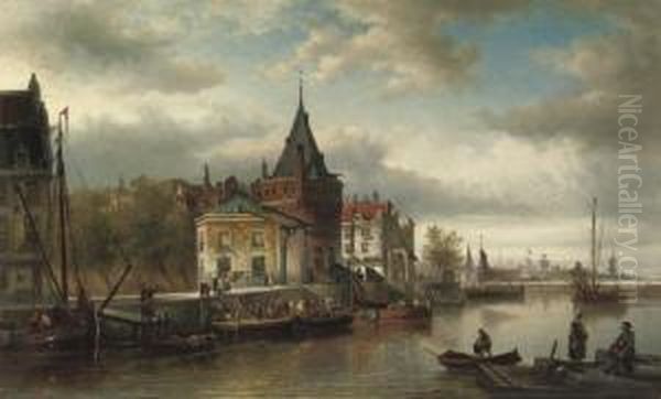 A Busy Day Along The Prins Hendrikkade By The Schreierstoren, Amsterdam Oil Painting by Elias Pieter van Bommel