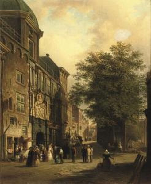 Daily Activities Near The Groothoofdspoort, Dordrecht Oil Painting by Elias Pieter van Bommel