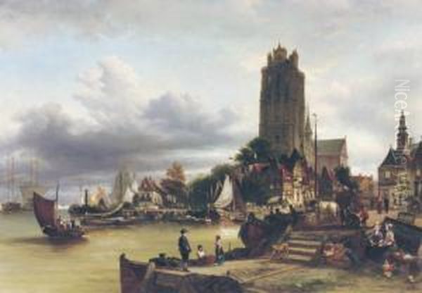 A View Of Dordrecht Harbour With The Grote Kerk In The Background Oil Painting by Elias Pieter van Bommel