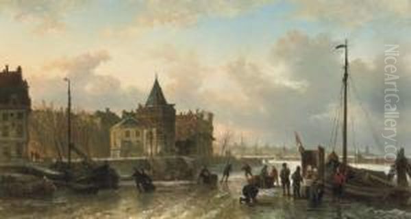 Skaters By The Schreierstoren, Amsterdam Oil Painting by Elias Pieter van Bommel