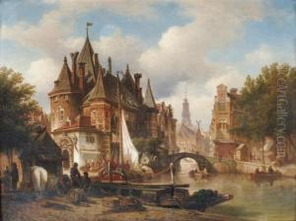 The Waag On The Nieuwmarkt With The Oude Kerk In The Distance, Amsterdam Oil Painting by Elias Pieter van Bommel