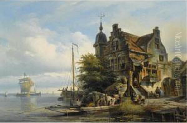 Figures Unloading A Ferry By A Tavern Oil Painting by Elias Pieter van Bommel