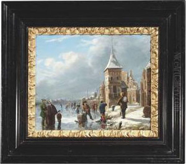 Dutch Town With Skaters On A Fronzen River Oil Painting by Elias Pieter van Bommel