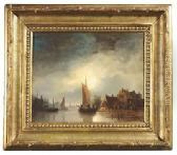 Van. Sailing Boat On A Dutch Canal At Moonlight Oil Painting by Elias Pieter van Bommel