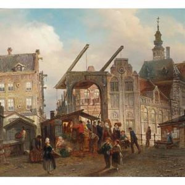 Many Figures Near A Drawbridge In A Dutch Town Oil Painting by Elias Pieter van Bommel