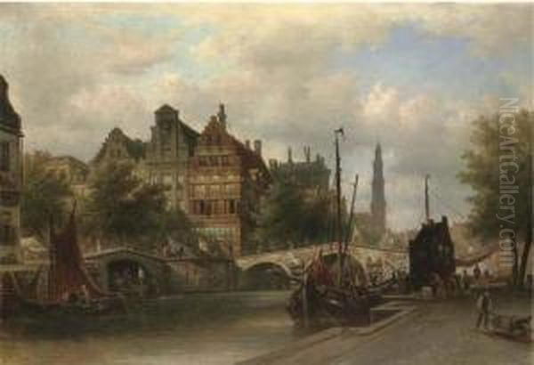 Canal Scene, Amsterdam Oil Painting by Elias Pieter van Bommel