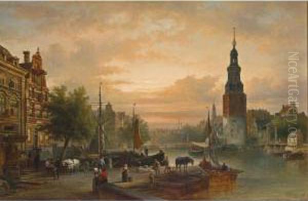 A View Of The Oude Schans With The Montelbaanstoren, Amsterdam Oil Painting by Elias Pieter van Bommel