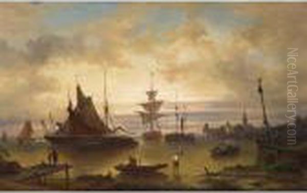 Ships In The Harbour Of A Dutch Town Oil Painting by Elias Pieter van Bommel