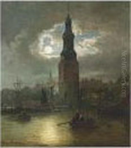 The Montelbaanstoren At Dusk Oil Painting by Elias Pieter van Bommel