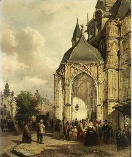 Figures At The Entrance Of The St. Stevens Church, Nijmegen Oil Painting by Elias Pieter van Bommel