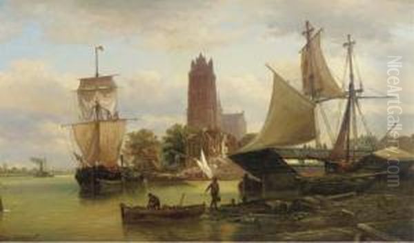 Moored Sailing Vessels At Dordrecht Harbour Oil Painting by Elias Pieter van Bommel