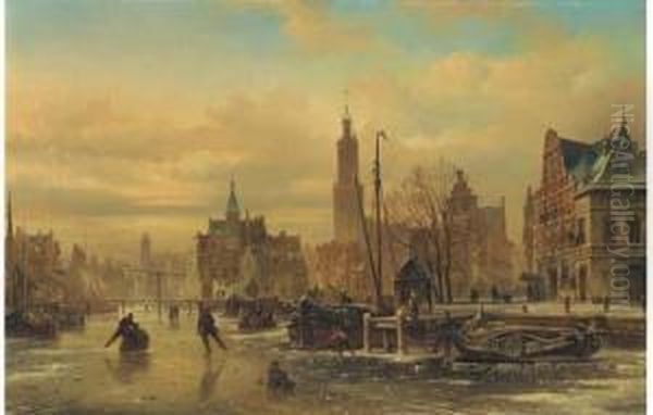 Skaters On A Frozen Canal Oil Painting by Elias Pieter van Bommel