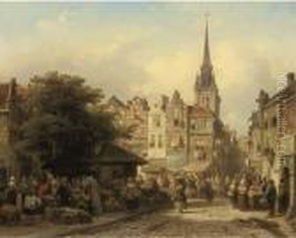 A Busy Market On A Sunny Day Oil Painting by Elias Pieter van Bommel