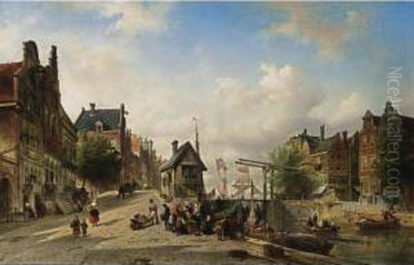 A View Of The Singel Near The Brouwersgracht, Amsterdam Oil Painting by Elias Pieter van Bommel