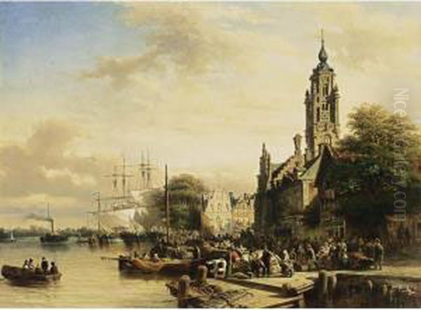 Numerous Townsfolk On A Quay, Middelburg Oil Painting by Elias Pieter van Bommel