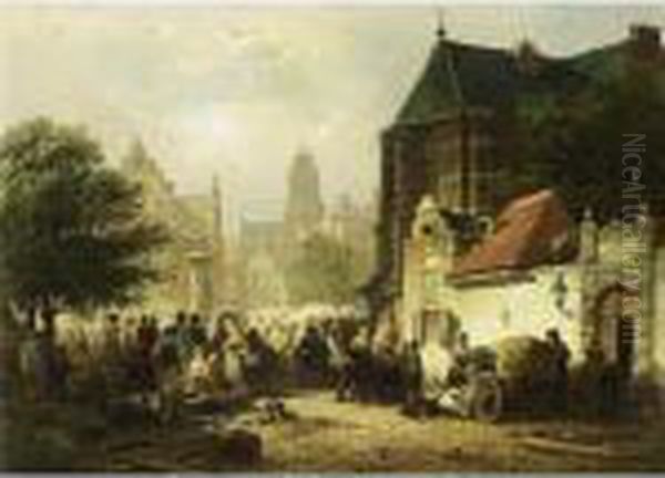 A Busy Market Day On 'het 
Kerkplein' In Zaltbommel With The Sint Maartens Church In The Background Oil Painting by Elias Pieter van Bommel