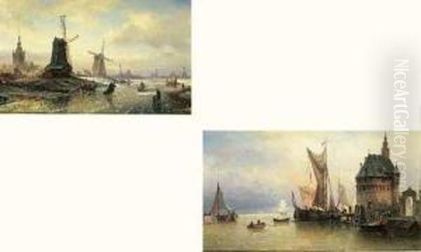 Barques De Peche Au Port Voiles Deployees Oil Painting by Elias Pieter van Bommel