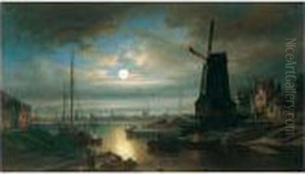 Nederlandse Stad Bij Maanlicht (dutch Town By Moonlight) Oil Painting by Elias Pieter van Bommel